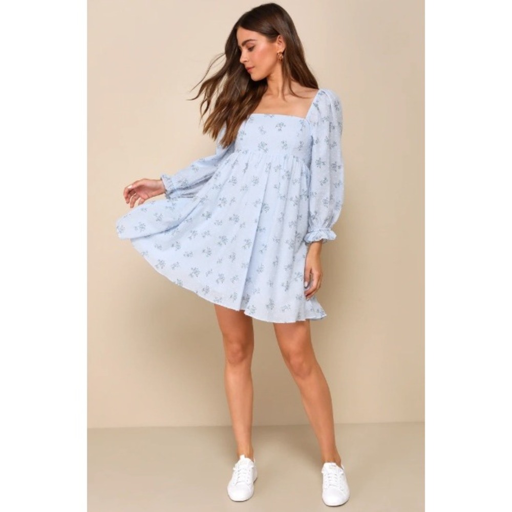 NWT Lulus Always Charming Light Blue Floral Swiss Dot Babydoll Dress Womens L